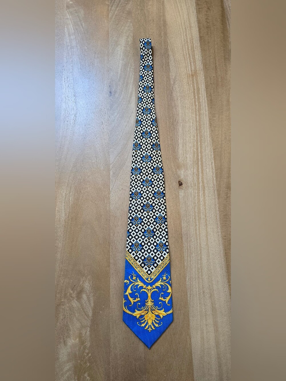 Vintage Gianni Versace 100% Silk Tie Italian Baroque Geometric Gold Royal Blue